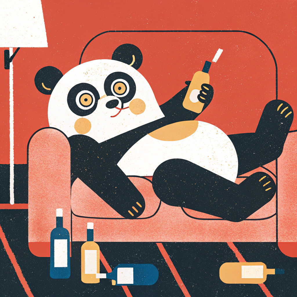 AI generated image by Red Panda AI: 
A bright and witty drawing of a cute panda half-lying on a couch, sipping whiskey, with whiskey bottles scattered around.