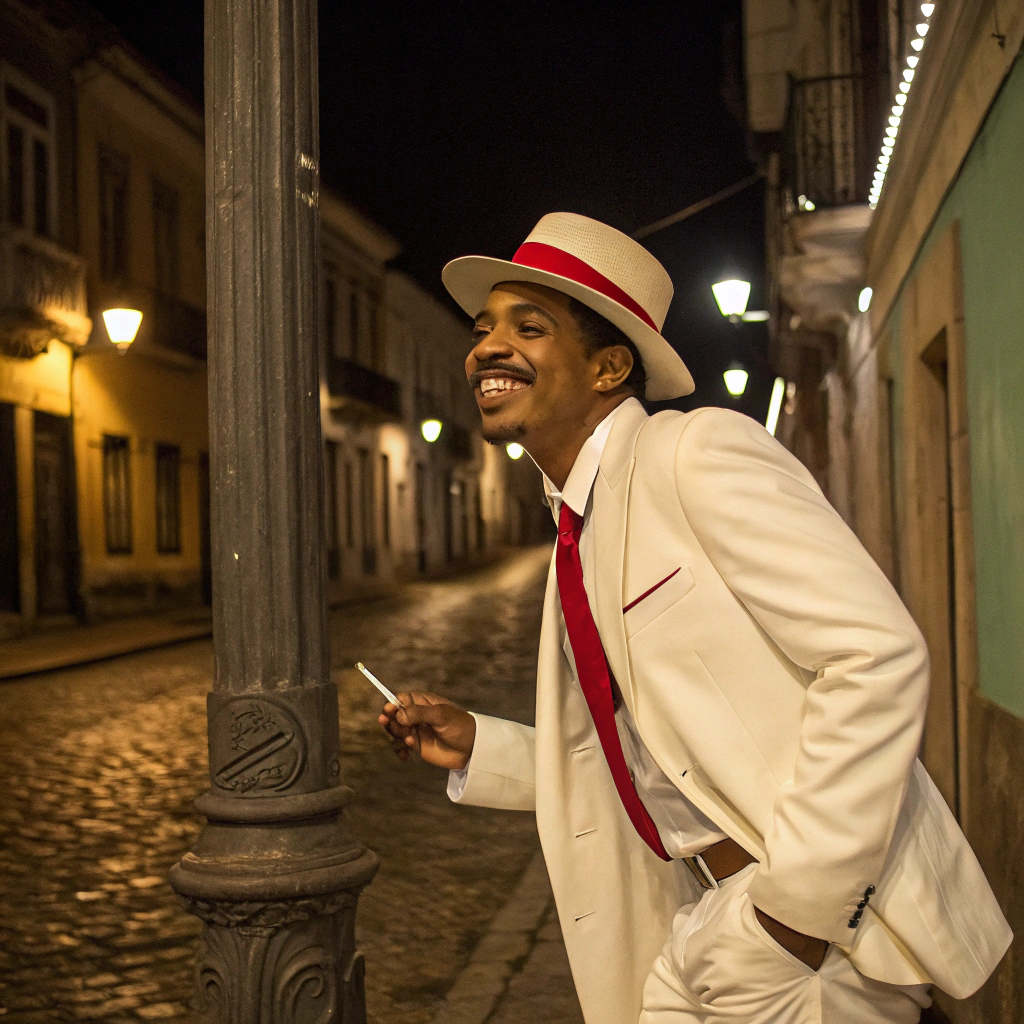 AI generated image by Red Panda AI: create a realistic image of a smiling young black man with a mustache wearing a white suit wearing a red tie wearing a white short brim hat with a red band holding a cigarette leaning against a lamppost in old rio de janeiro at night