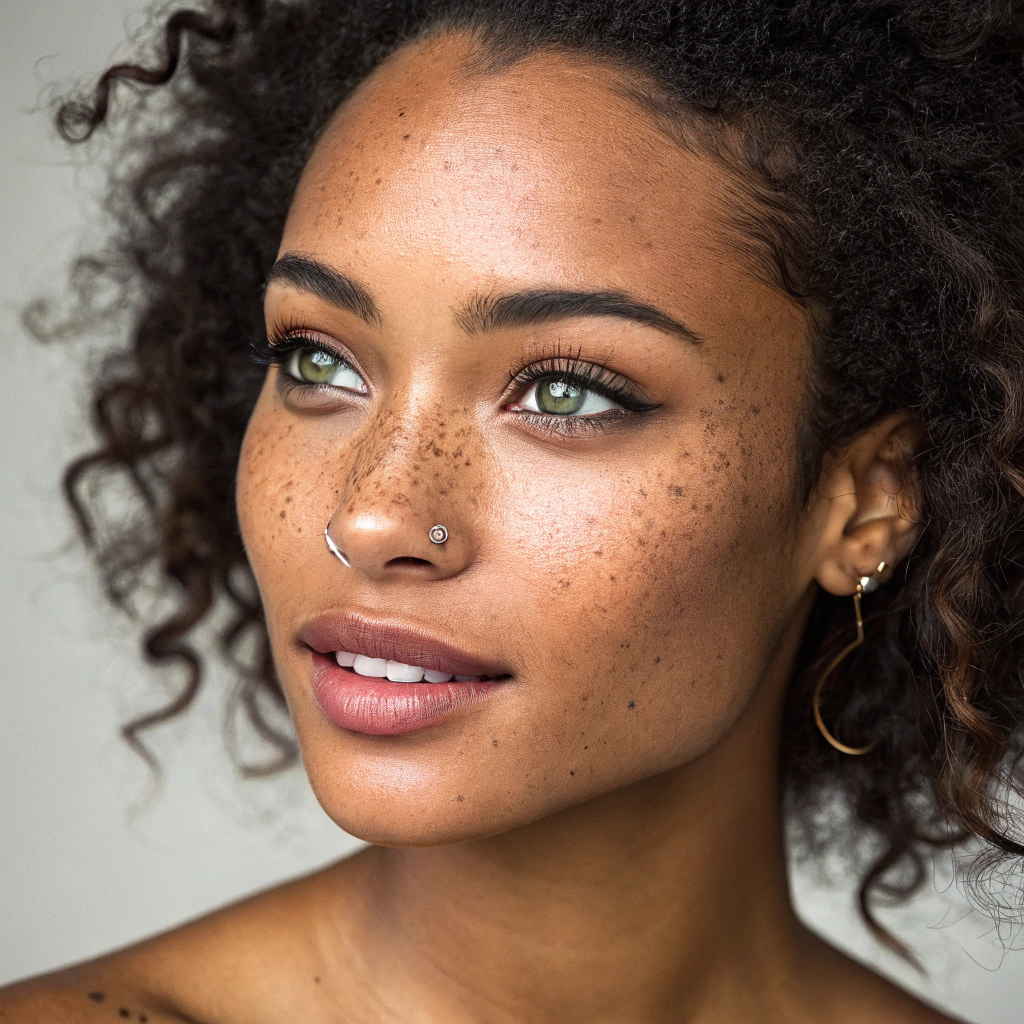AI generated image by Red Panda AI: A 23-year-old Cameroonian woman with strong Latina features, including high cheekbones, full lips, and a confident yet warm expression. She has brown skin, a slender face, piercing green almond-shaped eyes, and prominent freckles scattered generously across her cheeks and nose, adding depth to her features. A small beauty mark near her lips enhances her unique look. Her face is captured in a perfectly centered portrait, directly facing the camera, with the forehead, eyes, nose, and chin perfectly aligned in a straight vertical line. Fully framed in an identity photo style, neutral background, even natural lighting, shot with an 85mm lens, hyper-realistic, ultra-detailed, 4K quality.
