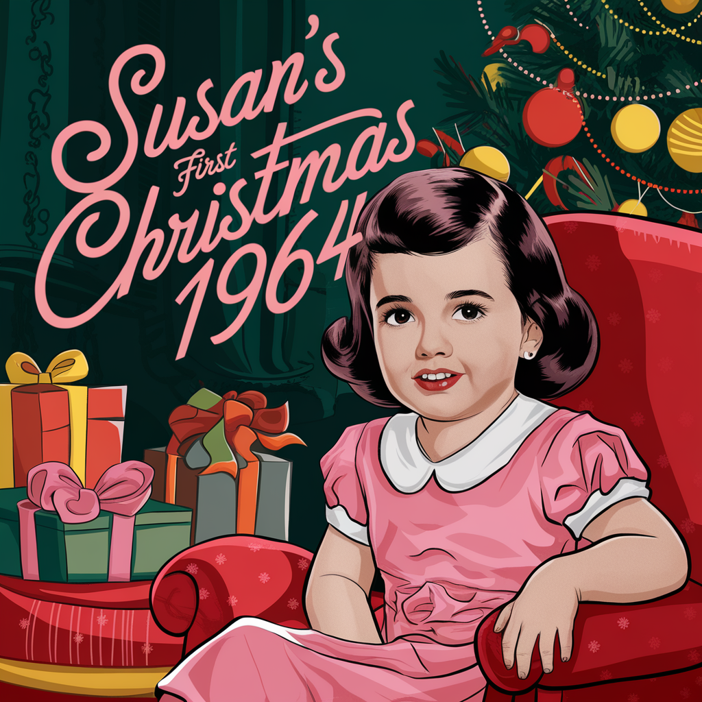 AI generated image by ideogram 2.0: susan's first christmas 1964 pink text design