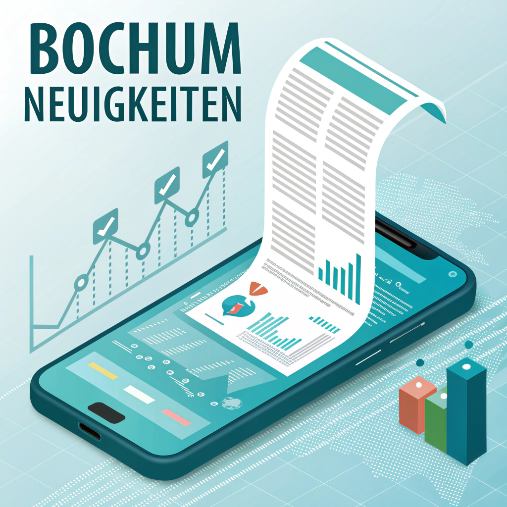 AI generated image by Red Panda AI: there are data news streaming into a cyan smartphone. Somewhere in the back of the picture there is the text "Bochum Neuigkeiten".