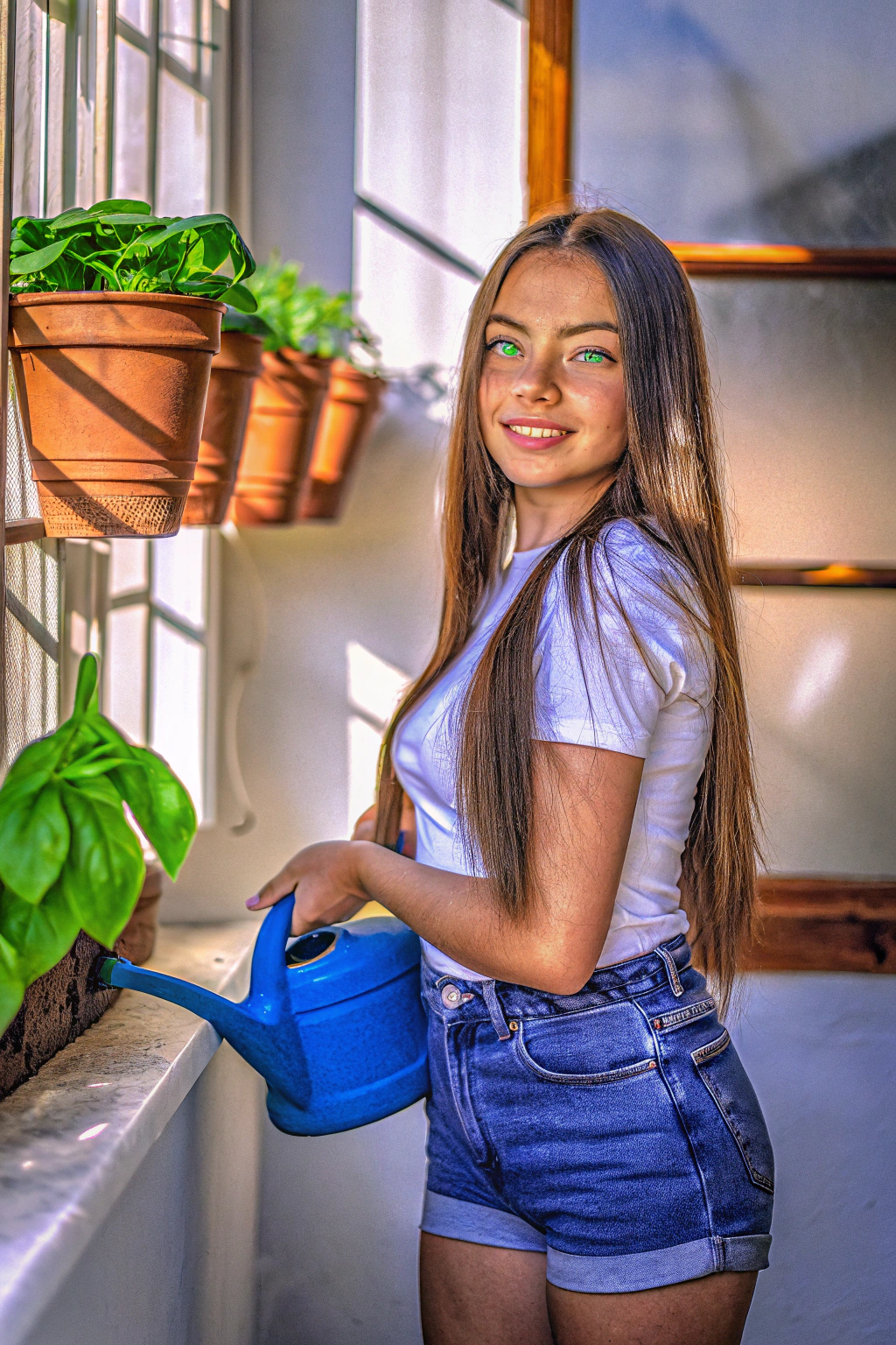 AI generated image by Red Panda AI: LUCY, realistic image, young girl, age 20, with long brown hair, captivating green eyes, a long face, fit and athletic build with curvy hips, wearing a loose white t-shirt and denim shorts. She is standing in a bright, plant-filled corner, holding a watering can and tending to a leafy green plant with a gentle smile. The background features hanging pots, terracotta planters, and natural sunlight streaming in.