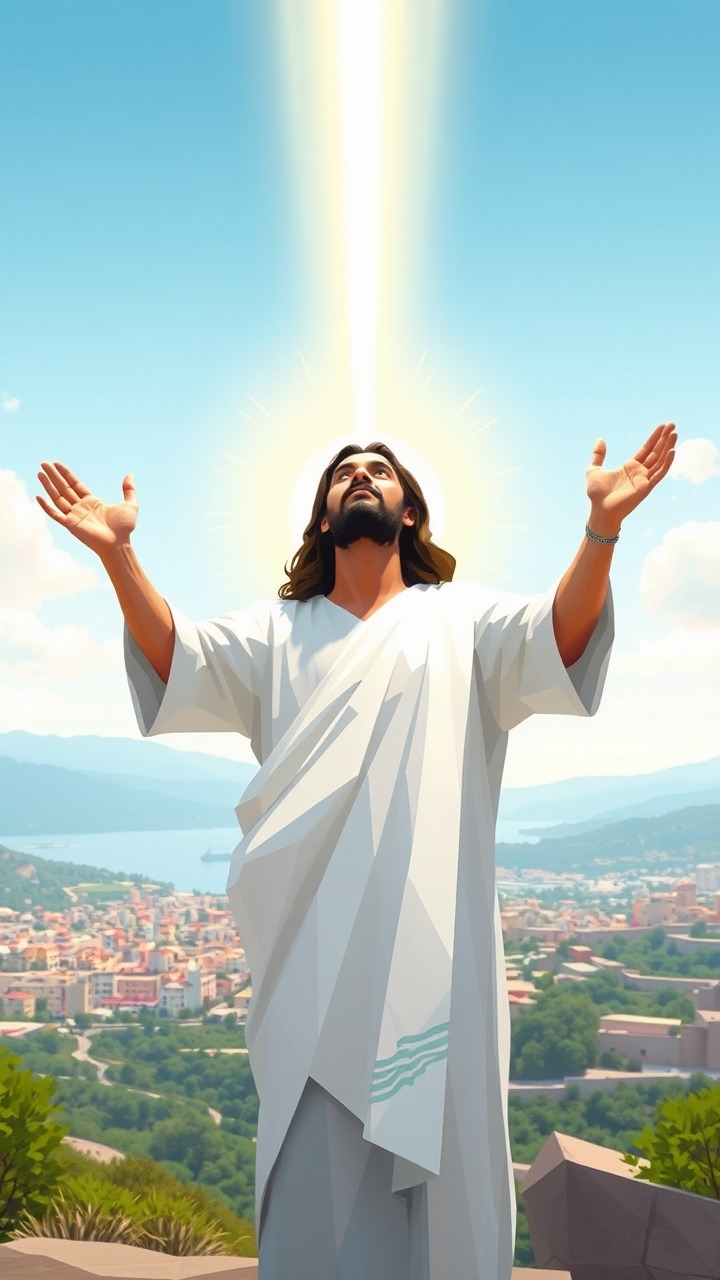 AI generated image by FLUX.1-schnell: low poly style , Jesus looking up with his arms open, palms facing upwards, a stream of energy coming out. In the background the city of Galilee.  