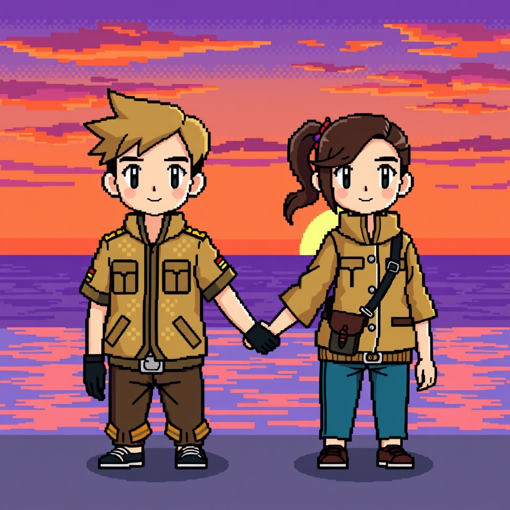 AI generated image by FLUX.1-schnell: A pixel art scene resembling the classic Pokémon Game Boy games. A couple stands hand in hand, facing forward. The boy has light brown hair styled in a simple pixelated fashion and wears a trainer outfit reminiscent of early Pokémon games: a short-sleeved jacket with visible pixelated patterns, gloves, and a belt holding small pokéballs. The girl has darker brown hair, styled in a pixel-perfect side ponytail, and wears a similar trainer outfit with a slightly feminine touch, including a pixelated satchel and bold accents on her jacket. Their designs mimic the chibi proportions and iconic sprite style of Game Boy-era Pokémon characters, with oversized heads and simplified body details.  

In the background, a classic Game Boy-style seaside sunset is depicted in vibrant orange and purple tones, with the pixelated sea and sky blending seamlessly. The entire image maintains a nostalgic, low-resolution pixel art style, emphasizing bold, clean lines and limited yet vibrant color palettes typical of retro gaming visuals.
