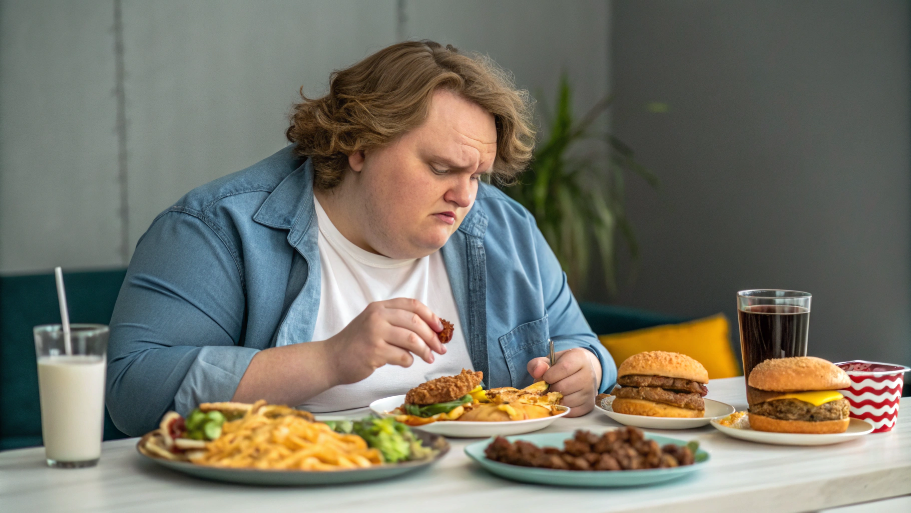 AI generated image by Red Panda AI: crea una persona con problemas de obecidad comiendo ambuersa