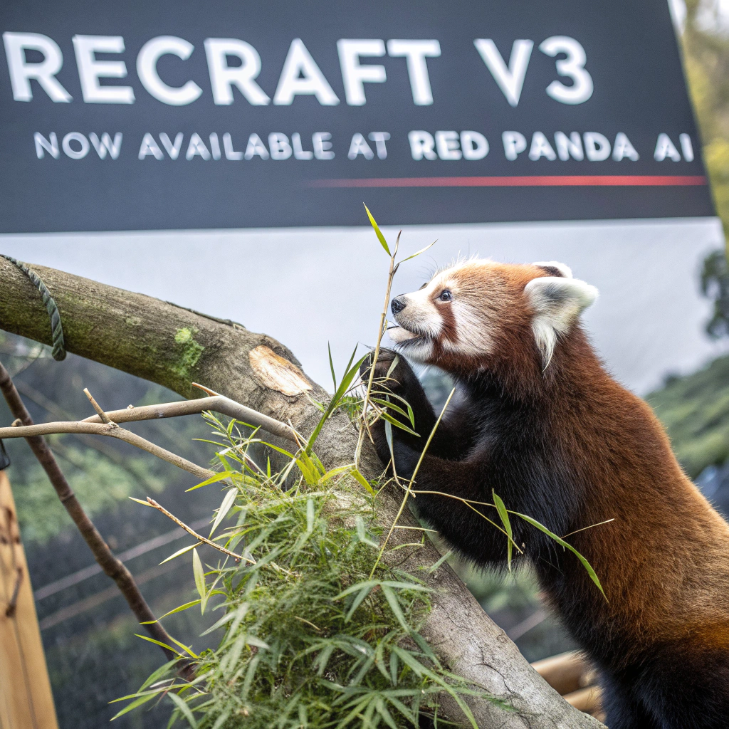 AI generated image by FLUX.1-schnell: a red panda eating a bamboo in front of a poster that says "recraft V3 now available at red panda ai