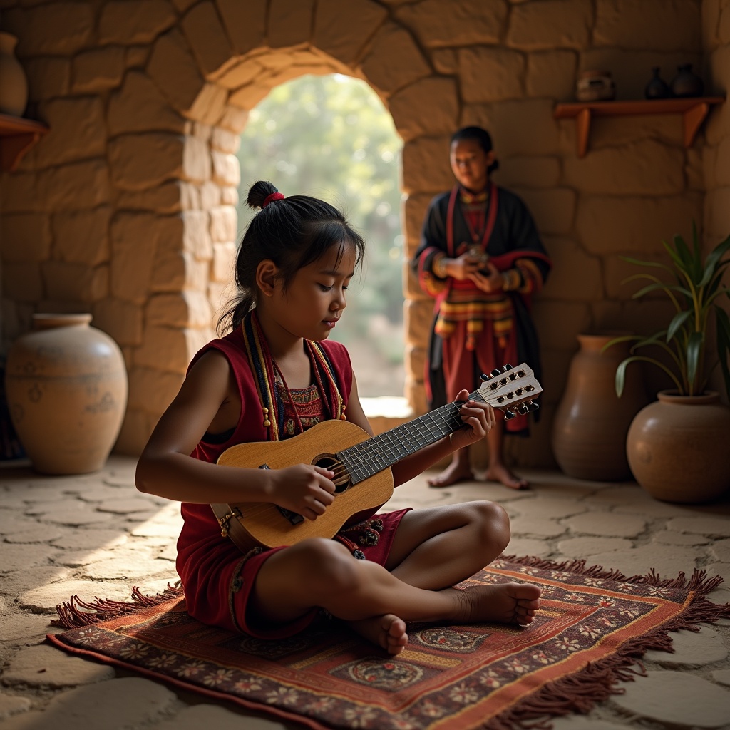 AI generated image by FLUX.1: Un joven de rasgos indigenas del Imperio Incaico aprendiendo música en un Yachay Wasi, la antigua casa del saber. Está sentado con las piernas cruzadas sobre un tapiz tejido, tocando una quena o una zampoña andina. A su alrededor, muros de piedra con grabados simbólicos, vasijas de cerámica y objetos ceremoniales. La luz natural entra suavemente por una puerta de piedra abierta, iluminando el ambiente sagrado y tranquilo. El joven viste ropa tradicional inca con diseños geométricos y una vincha en la cabeza. Al fondo, un maestro con vestimenta ceremonial lo observa o lo guía. Estilo realista, tonos cálidos, ambientación de tarde.
