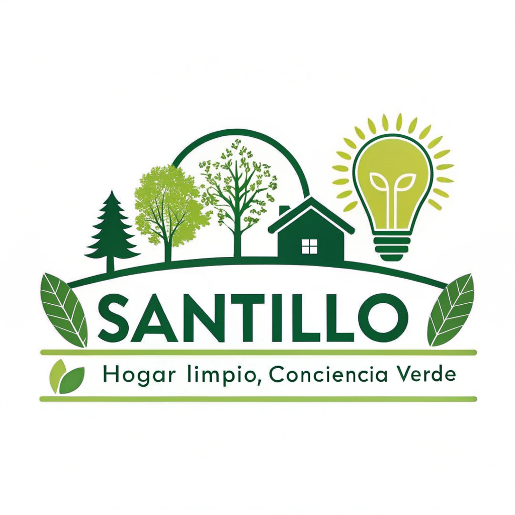 AI generated image by Red Panda AI: Quiero un logo para mi empresa de venta de productos de lampea. La idea principal del emprendimiento es generar un ecosistema sostenible. Quiero que el logo tenga tonos verdes y elementos relacionados al medio ambiente. El título del emprendimiento es "Santillo" y el eslogan "Hogar limpio, conciencia verde".