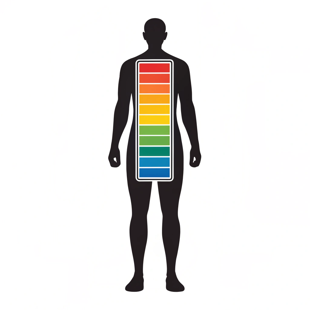 AI generated image by Red Panda AI: Create an icon of a full-body human silhouette facing forward, with the entire body (from head to toe) filled with battery charge bars. The battery bars should be evenly distributed across the body, with each section representing a different level of energy. From bottom to top, use the colors red, orange, yellow, green, and blue to symbolize the charging levels. The design should be bold, sleek, and clean, with the colors transitioning smoothly from one to the next. This icon should look modern and dynamic, suitable for a sports drink label.


