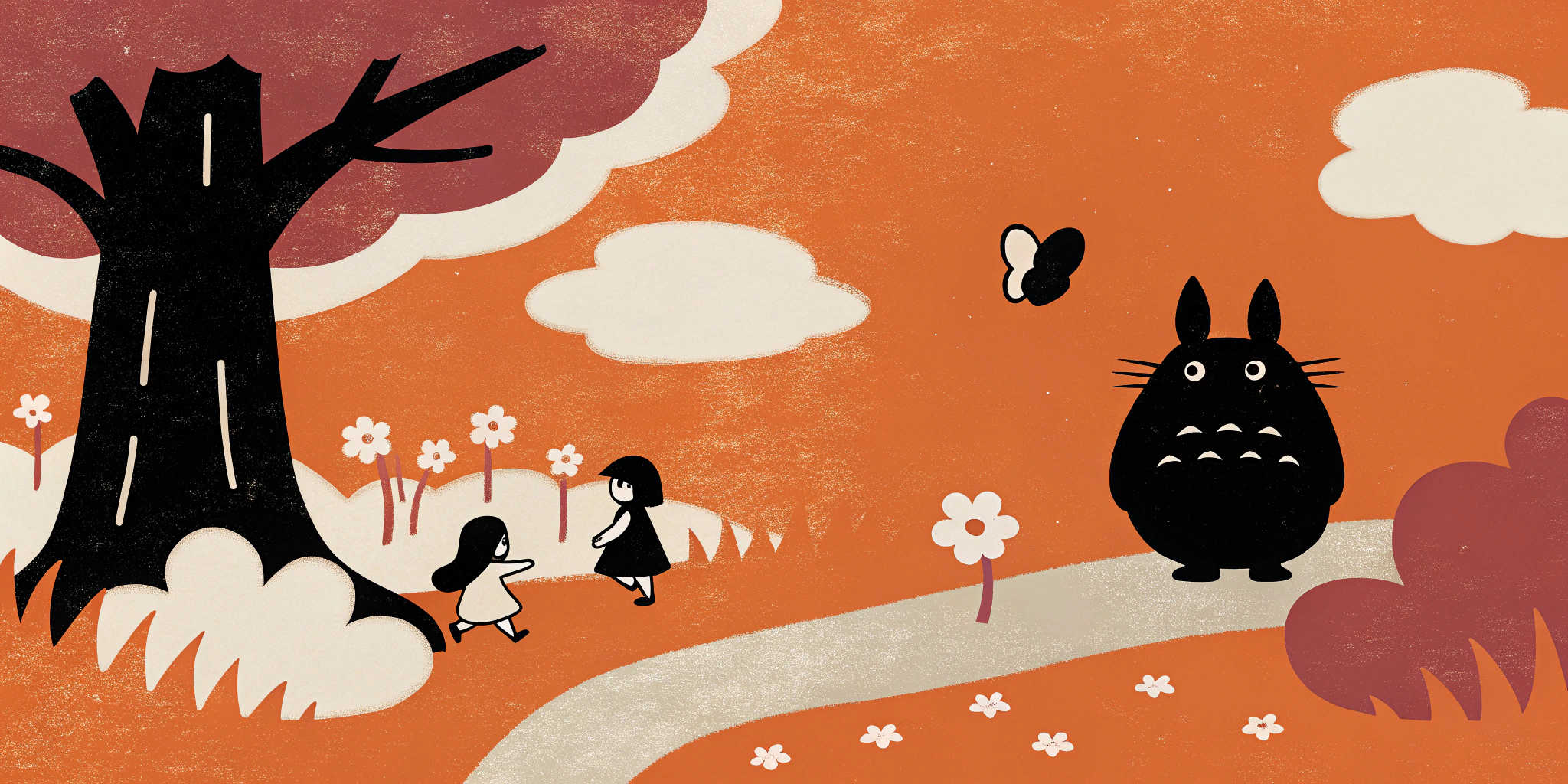 AI generated image by Red Panda AI: Japanese Miyazaki Hayao style art of a peaceful summer park scene, featuring Totoro sitting under a large tree, surrounded by lush green grass and wild flowers, children playing nearby, warm sunlight filtering through leaves, fluffy white clouds in bright blue sky, butterflies floating in gentle breeze, dusty path winding through park, magical and nostalgic atmosphere, detailed background, soft color palette, 8k studio ghibli art, hand-drawn animation style