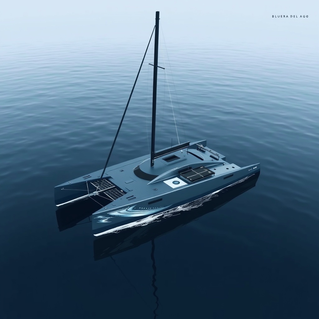 AI generated image by FLUX.1-schnell: fragata francesa  tipo trimaran fs blueshark del juego modern warship fuera del agua 


