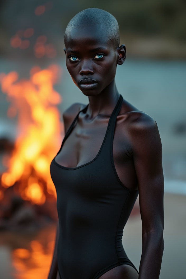 AI generated image by FLUX.1-pro: a very black bald black woman with blue eyes stands in a bathing suit near a fire, her whole body in the frame