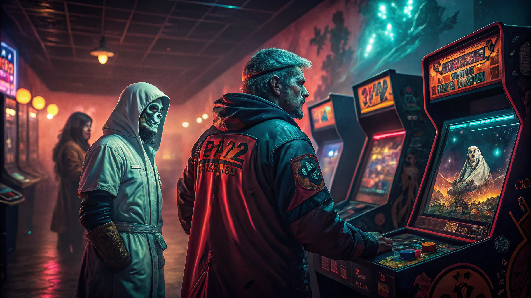 AI generated image by Red Panda AI: a perfect mix of arcade games characters from the games GHOSTS 'N GOBLINS,  KUNG FU MASTER, OUTRUN, OPERATION WOLF, EXPRESS RAIDER, and TRACK'N FIELD, an extremely psychedelic experience, colorful, surreal, dramatic lighting, LSD, detailed faces, intricate, elegant, highly detailed, digital painting, art station, concept art, sharp soft focus, illustration