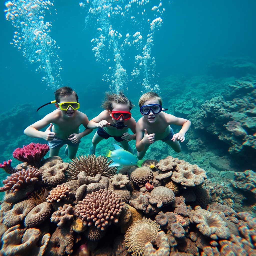 AI generated image by FLUX.1-schnell: Twelve year old boys diving among the corals