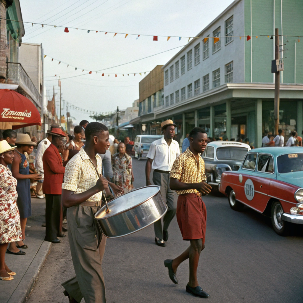 AI generated image by Red Panda AI: 1950s, busy street in Trinidad and Tobago, a group of men are walking and playing the steelpan, people watch and clap