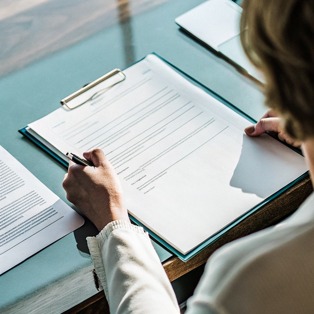 AI generated image by Red Panda AI: Capture a moment of reflection where the woman is taking notes while looking at her recommendation letter on a desk filled with documents, like her resume and certificates. The composition should showcase her focused expression, embodying determination and hope. Light should illuminate the details of the papers, while the soft background creates depth and keeps attention on her thoughtful gaze.