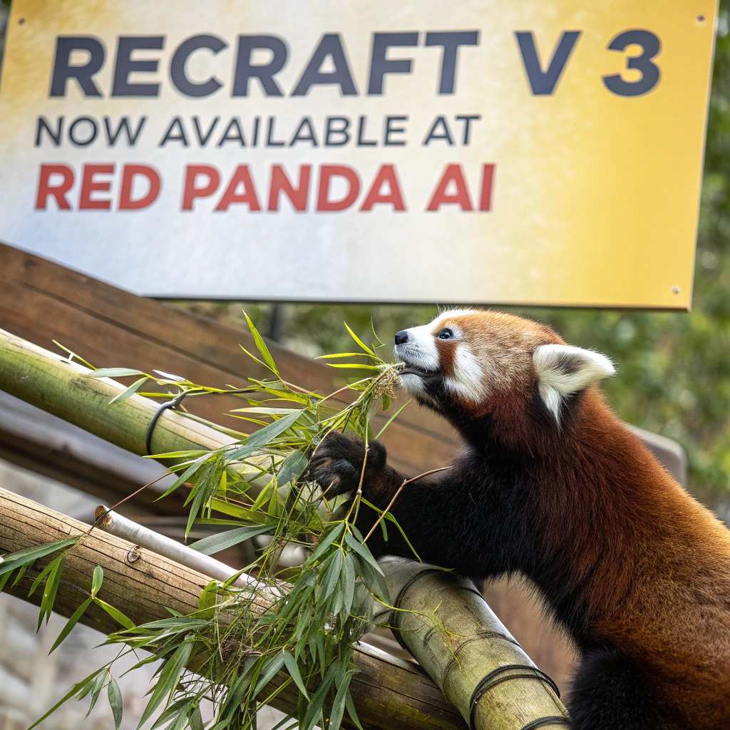 AI generated image by Red Panda AI: a red panda eating a bamboo in front of a poster that says "recraft V3 now available at red panda ai