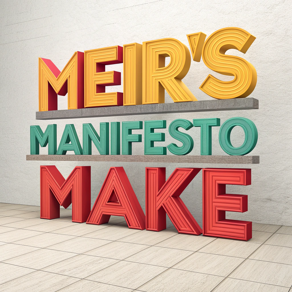 AI generated image by Red Panda AI: Meir’s make with the word manifesto in three a dimension lettering 