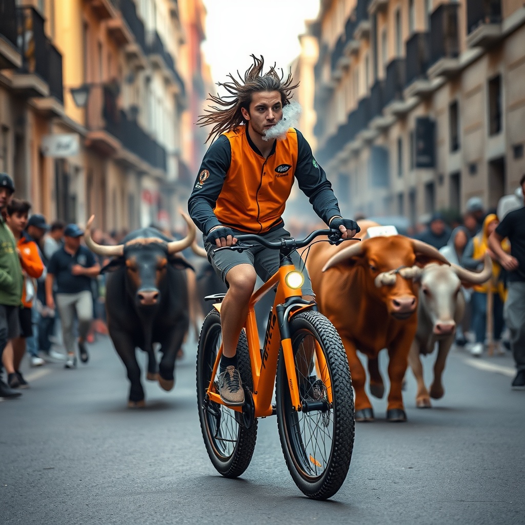 AI generated image by FLUX.1-schnell: un joven con rastas largas y con una sudadera negra de Capsule Corp y fumando y montado en una e-bike fat-bike naranja brillante pedaleando rapido y haciendo un caballito para evitar atropellar a un tio que esta tirado en el suelo por las calles del encierro de toros de Pamplona, liderando el grupo de corredores a solo unos 2 metros por delante de los 5 toros grandes que van a por mi
