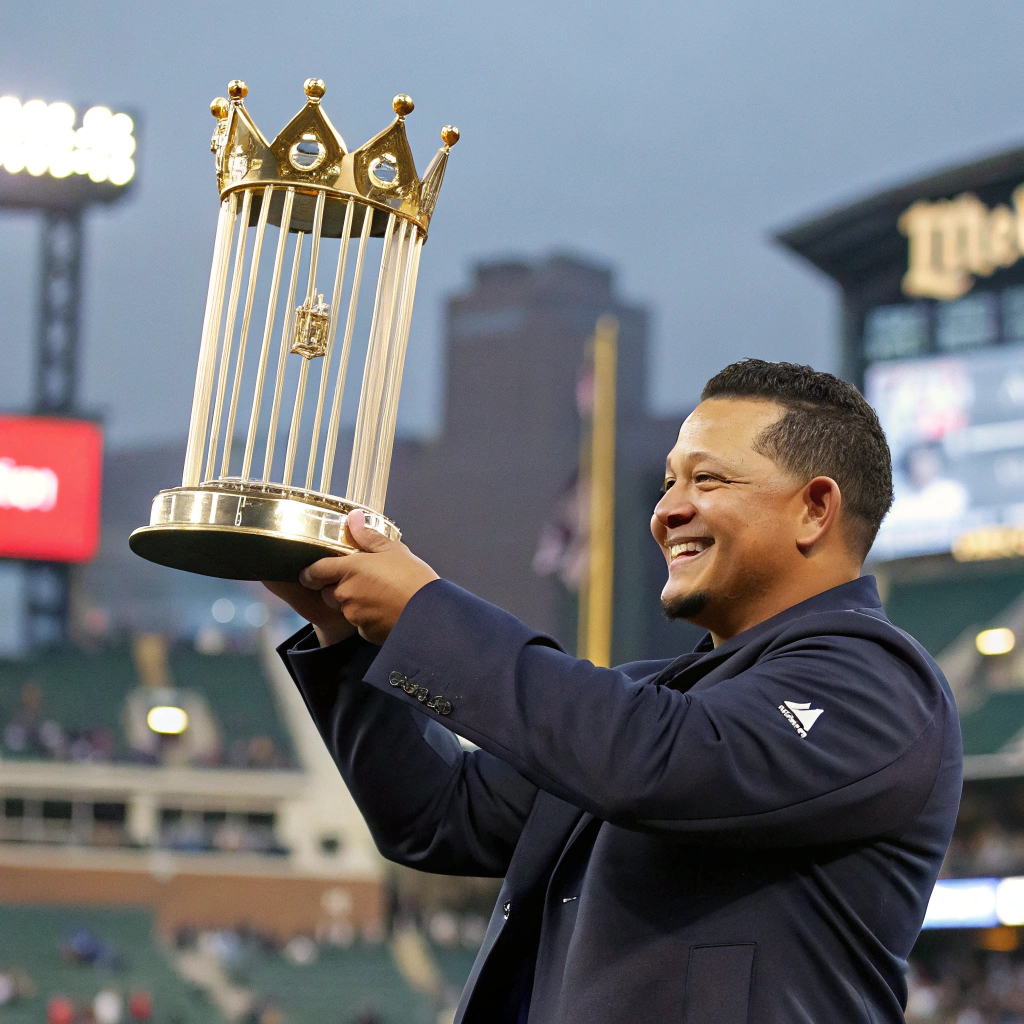 AI generated image by Red Panda AI: crea una imagen de Miguel cabrera con su premio de la triple corona 