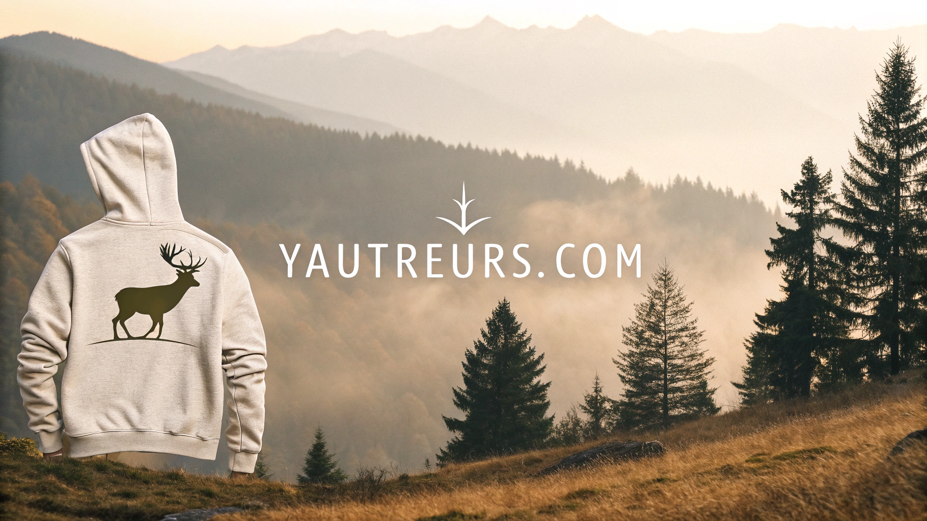 AI generated image by Red Panda AI: pourrais tu me générer une image pour que je puisse m'inspirer pour en faire un design pour mettre sur un pull, j'aimerais que tu prenne exemple sur la direction artistique  du site internet Yautreurs.com. J'aimerais un logo qui prône le monde du cerf avec 4 attribut en bas du logo mais aussi un texte explicative et une image représentant un l'environnement dans lequel il vit et tout ca bien harmoniser.