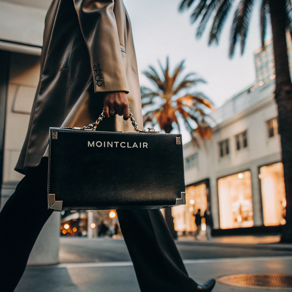 AI generated image by Red Panda AI: A luxurious photoshoot for the high-end brand Mointclair takes place on Rodeo Drive, Los Angeles, with a fresh angle. The model, showcasing sophistication and poise, is walking confidently along the street, holding a premium Mointclair handbag. The bag, made of luxurious leather with refined metallic accents, is prominently featured in the shot as the model strides past the upscale boutiques and designer storefronts of Rodeo Drive. The scene captures the bustling yet elegant atmosphere, with the iconic palm trees and luxury stores in the background. The sunlight bathes the scene, casting soft shadows that emphasize the model's fashionable stride and the exclusivity of the bag. The setting exudes an aura of cosmopolitan luxury and high fashion.