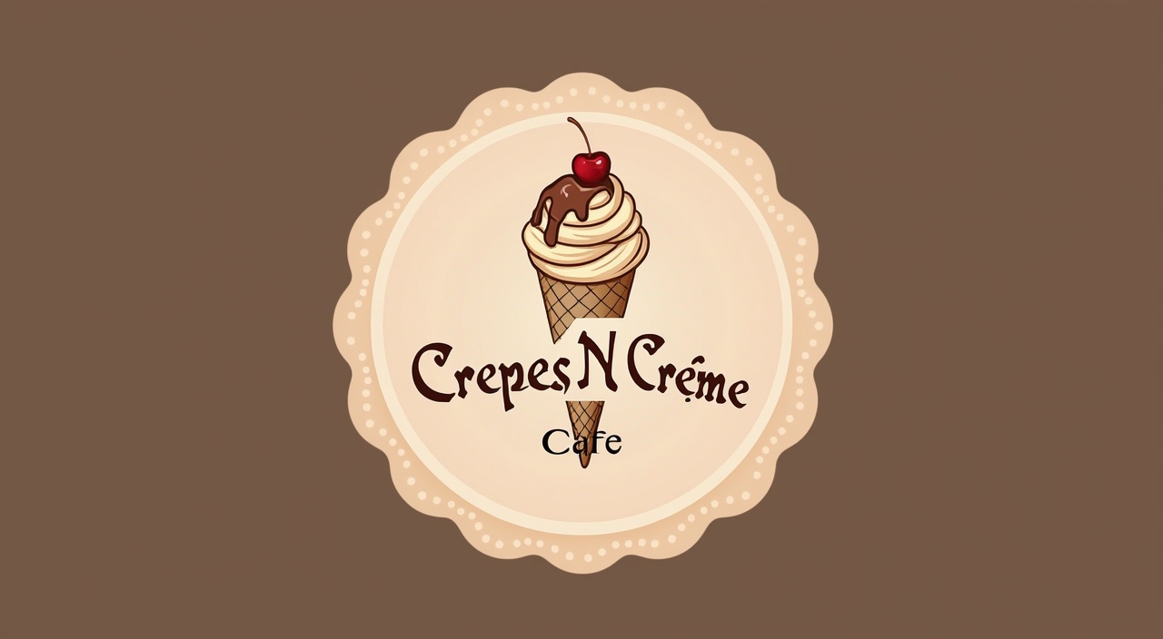 AI generated image by FLUX.1-pro: Generate a high-resolution, modern, and professional logo design for a sweets cafe named "Crepes N Crème Cafe". The logo should be unique, visually appealing, and brand-ready, suitable for use on signage, menus, packaging, and social media. Incorporate elements that evoke gourmet desserts, crepes, and whipped cream, with a warm, welcoming, and slightly upscale aesthetic. Style should be clean and contemporary, with a touch of playful elegance. Use a color palette that complements dessert-themed branding (e.g., soft pastels, creamy tones, chocolate browns, or subtle pinks). Typography should be custom or well-integrated, legible, and fitting for a cozy, sweet-focused cafe. The final design should stand out and be competitive with boutique cafes and dessert shops in urban or trendy neighborhoods.