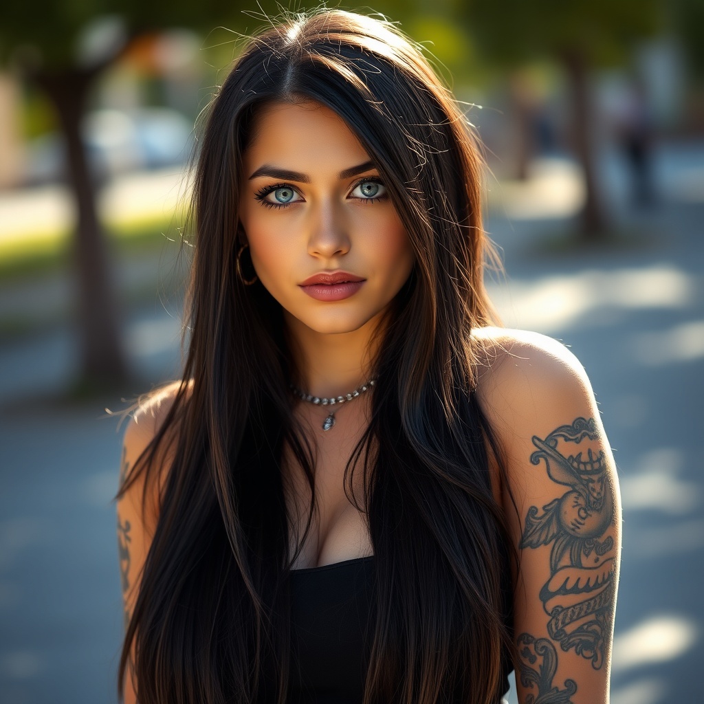 AI generated image by FLUX.1-schnell: portrait of an 18-year-old Argentine girl, fair skin, blue eyes, long black hair, curvy body, visible tattoos on arms, stylish clothing, standing outdoors in daylight, photography style, realistic, high detail