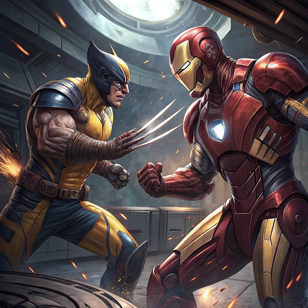 AI generated image by Red Panda AI: Wolverin is fighting Iron Man