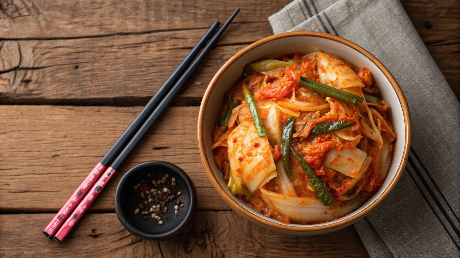 AI generated image by FLUX.1-schnell: Overhead food photography shot of a delicious bowl of cabbage Kimchi, on a rustic wooden tabletop.
