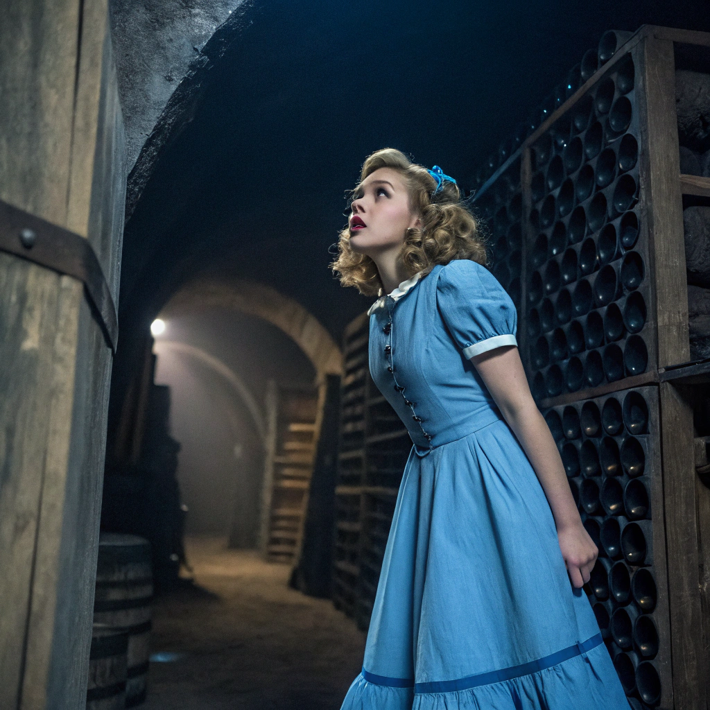 AI generated image by Red Panda AI: Gwen Stefani as a 14 year old Nancy Drew with a pincurl hairstyle wearing a vintage style blue dress snooping in a wine cellar. eerie gothic vibes. Shot with a sony a7iii camera. Full body shot. Low angle shot. I can't believe how beautiful it is