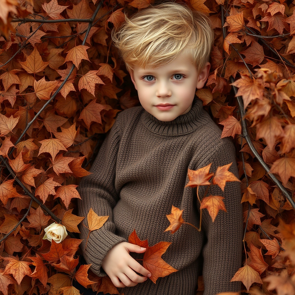 AI generated image by FLUX.1-schnell: garçon blond de huit ans torse nu allongé sur les feuilles mortes