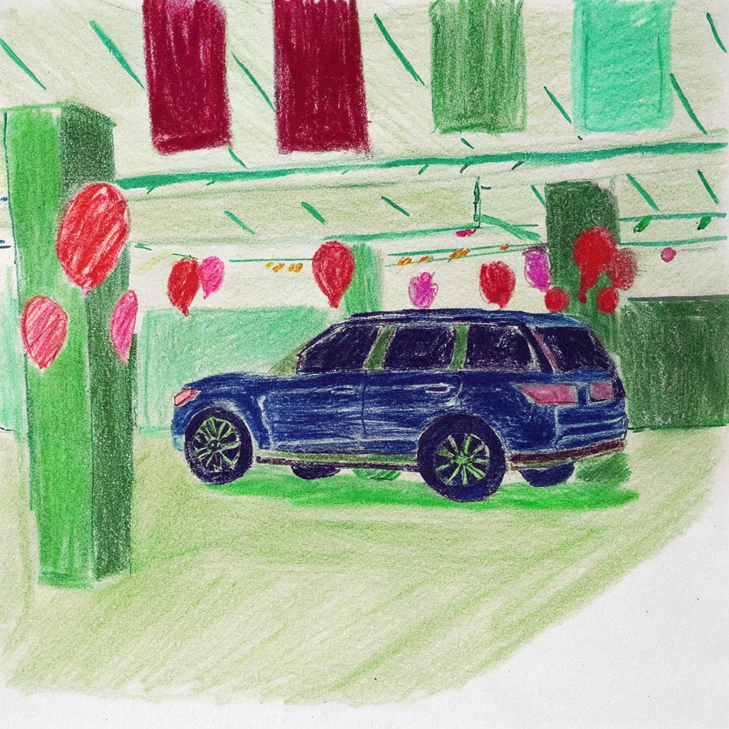 AI generated image by Red Panda AI: a blue SUV car in an indoor parking lot with Black friday promotion signs and red balloons