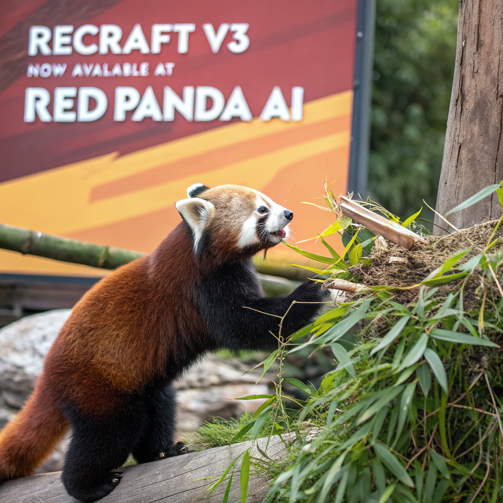 AI generated image by Red Panda AI: a red panda eating a bamboo in front of a poster that says "recraft V3 now available at red panda ai
