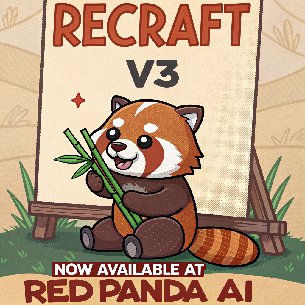 AI generated image by Red Panda AI: a red panda eating a bamboo in front of a poster that says "recraft V3 now available at red panda ai