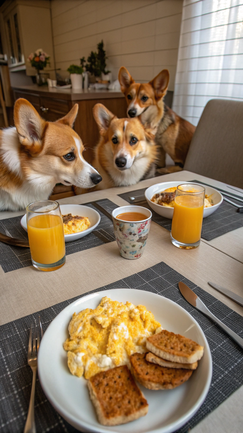 AI generated image by Red Panda AI: real life ultrawide angle low angle video of a dog family of many corgis seated around a dining table eating breakfast with scrambled eggs, orange juice, cereal and toast 