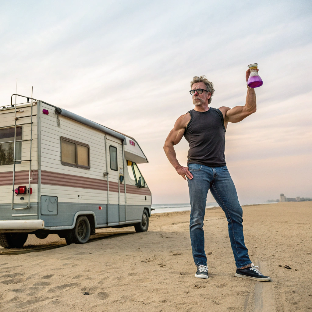 AI generated image by Red Panda AI: Professeur de chimie musclé en jean et en basket, il a des cheveux courts non coiffés, des lunettes ovoïdes sur un nez imposant, mal rasé mais sans moustache. Il se trouve sur une plage déserte devant un vieux camping car et il tient un erlenmeyer dans lequel se trouve un liquide violet qui dégage une fumée rose