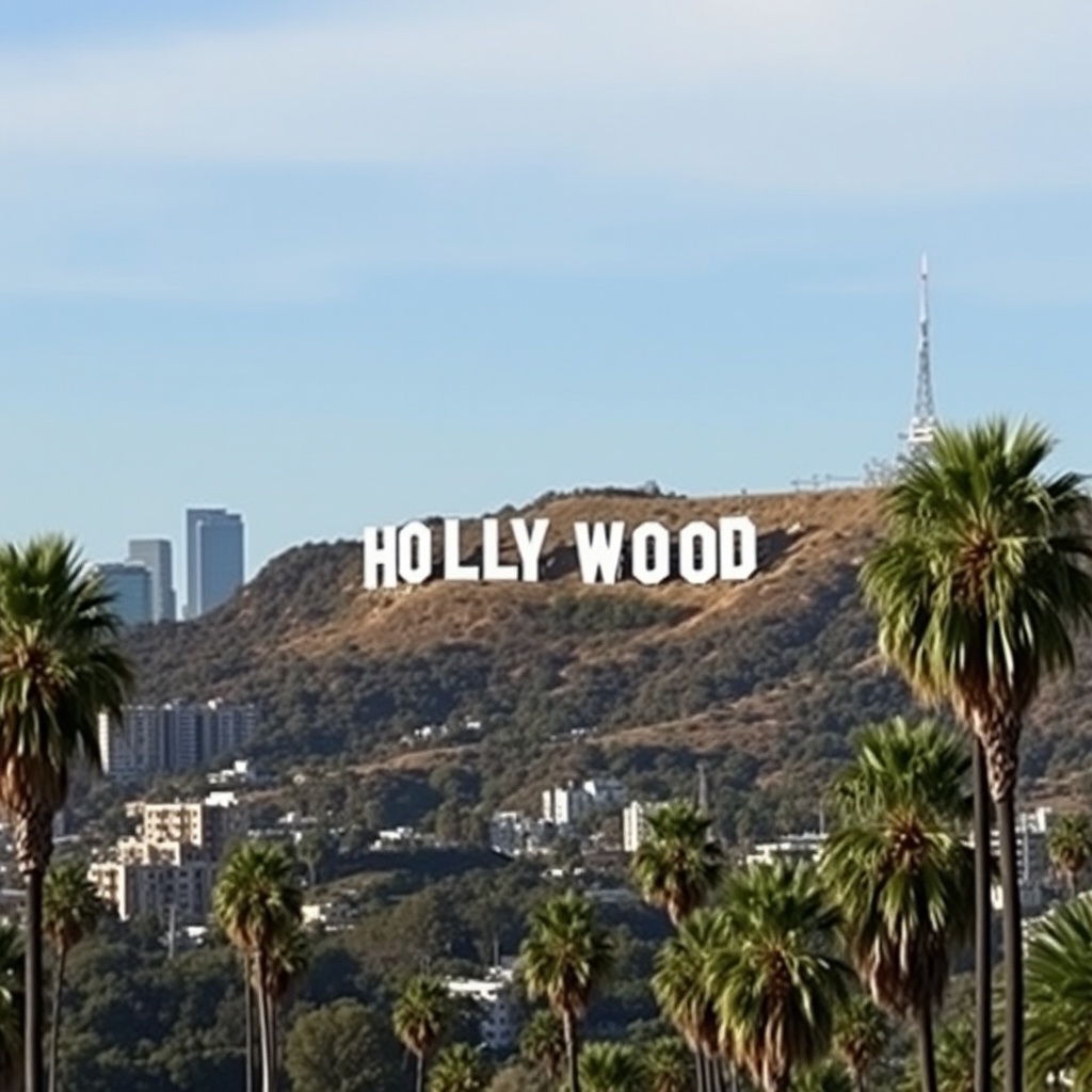 AI generated image by FLUX.1-schnell: Los Angeles featuring its iconic elements like the Hollywood sign, palm trees, and downtown skyline. Sign must be on the mountain