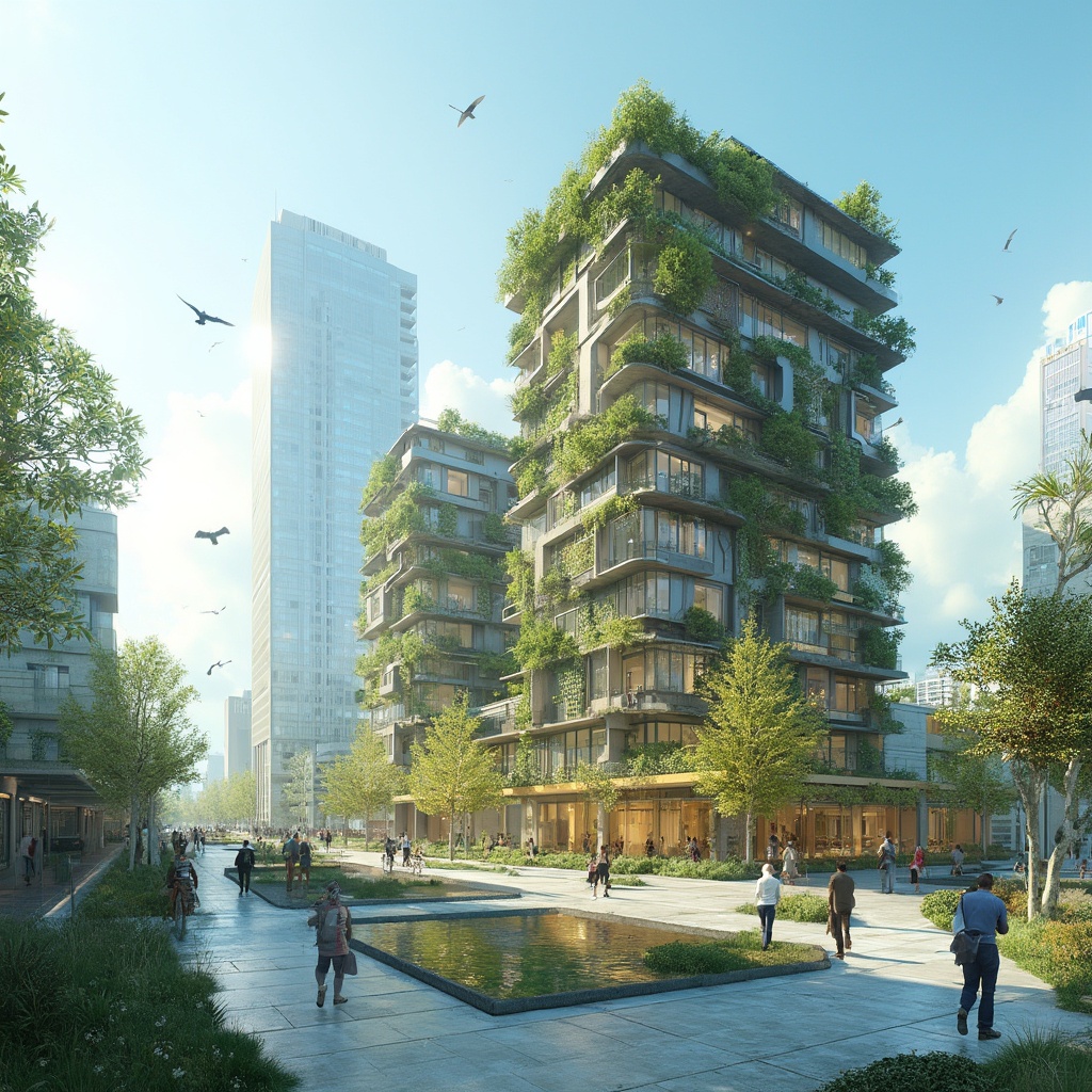 AI generated image by FLUX-Realism-Lora: "A highly realistic, high-resolution cityscape: A prototype building constructed with medium-sized, modular 3D printed elements rises in bright sunlight. Its facades are characterized by vertical gardens, integrated solar panels, large energy-efficient glazing and lightweight roofs. The building's surroundings are full of details, showing organized pedestrian paths, a small bicycle parking area, green spaces covered with native plants and rainwater harvesting systems. In the immediate neighborhood there are other modern buildings, a few birds in the sky and a clear blue sky. People are walking around the building, looking at building performance data on their tablets or getting information about the project at information booths. This scene reflects how sustainable urbanization, energy efficiency, ecological design and advanced manufacturing technologies can come together in the cities of the future."