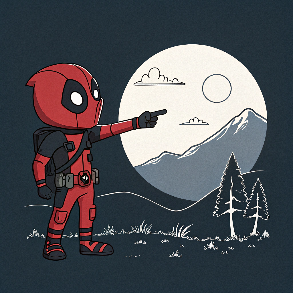 AI generated image by Red Panda AI: genera una imagen con el fondo oscuro y en el centro deadpool mirando un paisaje hacia la derecha estilo cartoon minimalista, que deadpool salga desde la cabeza hasta la cintura y que este mirando el paisaje y que lo este señalando