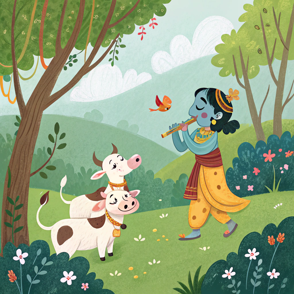 AI generated image by Red Panda AI: Sri Krishna with cows and His friends in the middle of green beautiful forest of Vrindavana and Govardhana hill