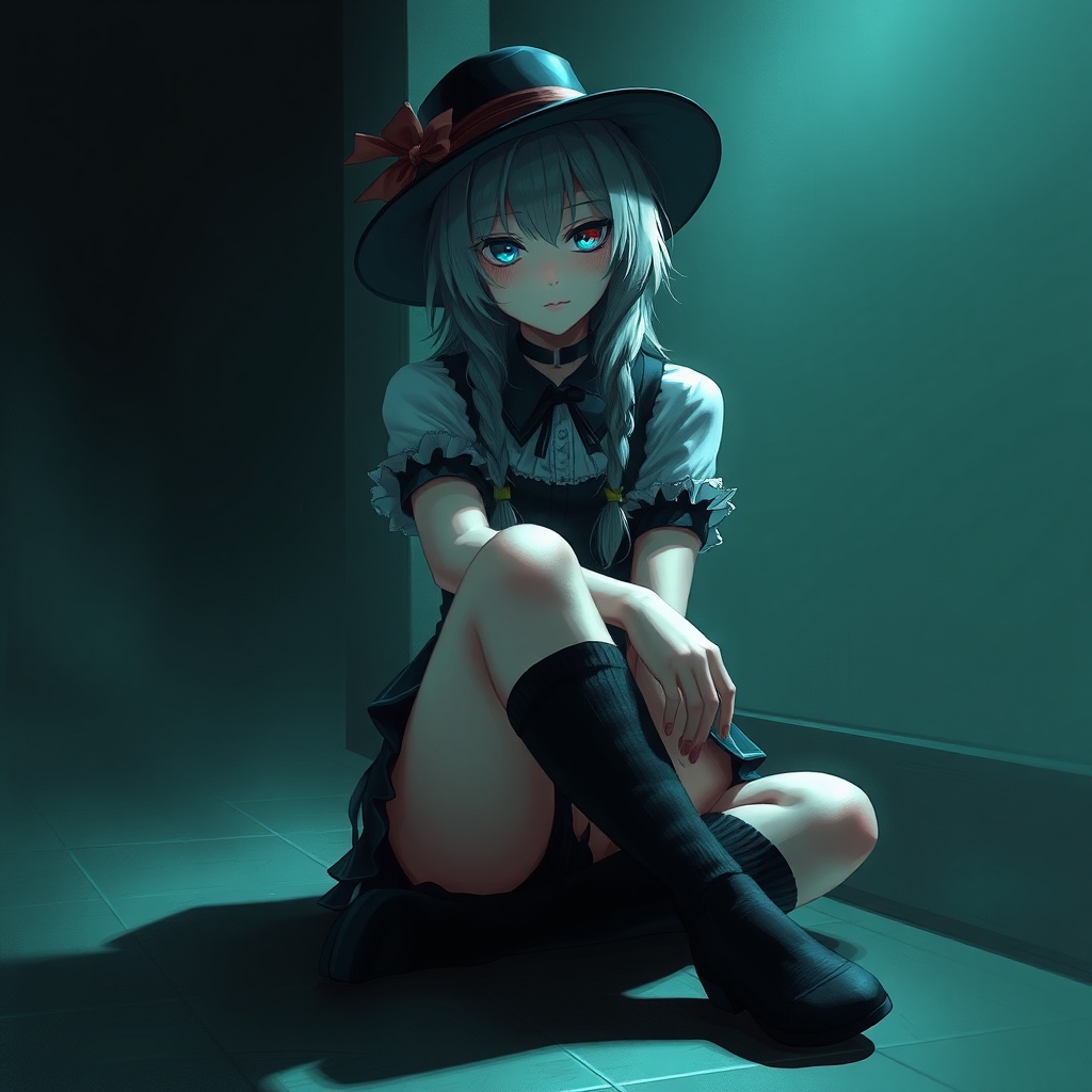 AI generated image by FLUX.1-schnell: Girls goth, hat and long socks, sitting, pov, digital art