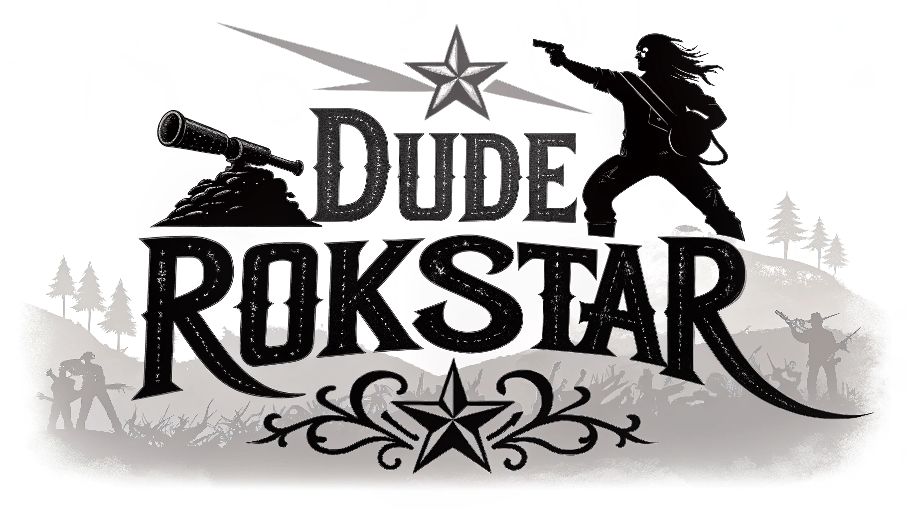 AI generated image by Red Panda AI: "Dude Rokkstar" logo using a heavy metal font, bold, strong, powerful, on white background
