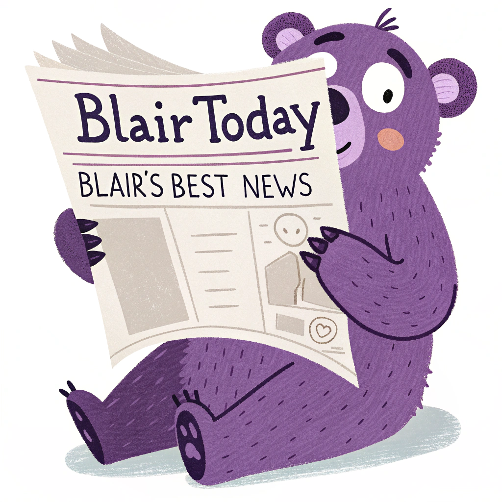 AI generated image by Red Panda AI: purple bear reads a newspaper with the headline, "BlairToday" and the subtitle "Blair's Best News"