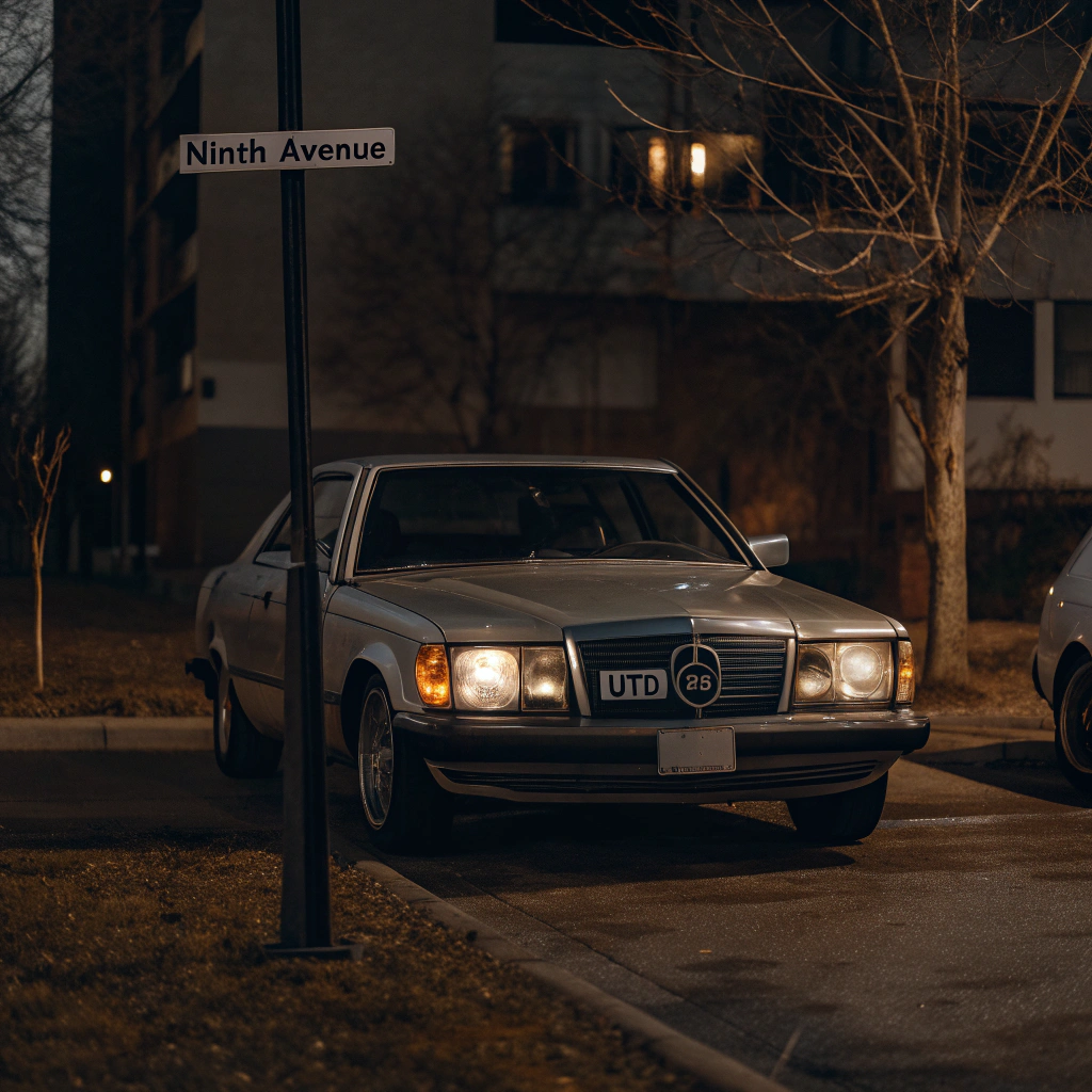 AI generated image by Red Panda AI: A Mercedes-Benz is parked at an intersection. Its license plate number is "UTD 123". Next to the intersection is a road sign that says this is Ninth Avenue.