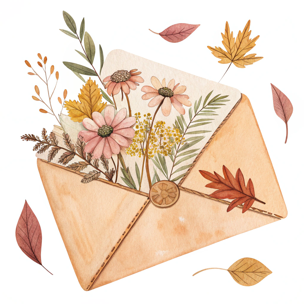 AI generated image by Red Panda AI: "Watercolor envelope with dried flowers, cozy autumn aesthetic"