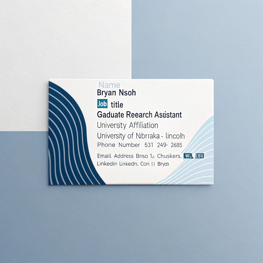 AI generated image by Red Panda AI: a business card with the following information. subtle blue wavy minimal abstract background on the card. Just a business card: Based on your resume, here's the business card design information I’ll use:

- **Name**: Bryan Nsoh
- **Job Title**: Graduate Research Assistant
- **University Affiliation**: University of Nebraska-Lincoln
- **Phone Number**: (531) 249-2685
- **Email Address**: bnsoh2@huskers.unl.edu
- **LinkedIn**: [linkedin.com/in/bryan-nsoh](https://www.linkedin.com/in/bryan-nsoh)
- **GitHub**: [github.com/BryanNsoh](https://github.com/BryanNsoh)

Would you like any specific design elements, such as a color scheme, logo, or tagline? I’ll incorporate your preferences into the final design.