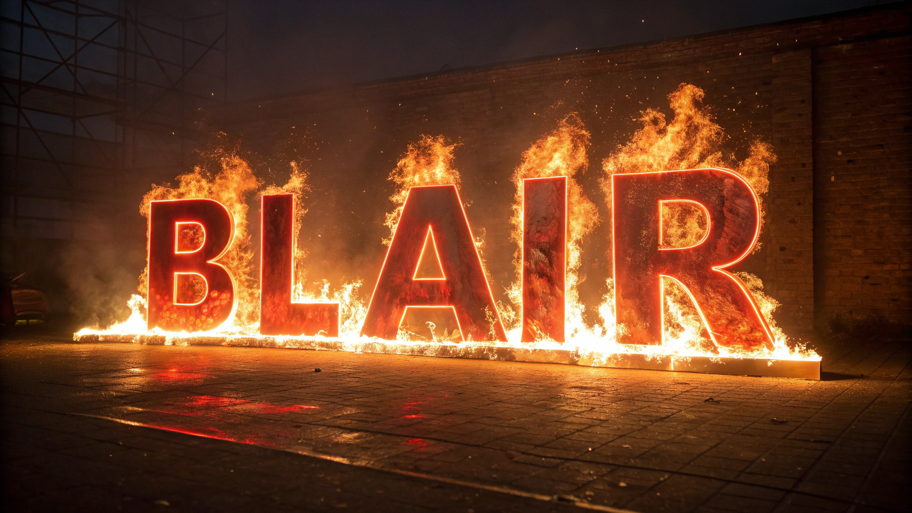AI generated image by Red Panda AI: The word "Blair" on fire.  Clearly on fire.  The word "Blair" ablaze