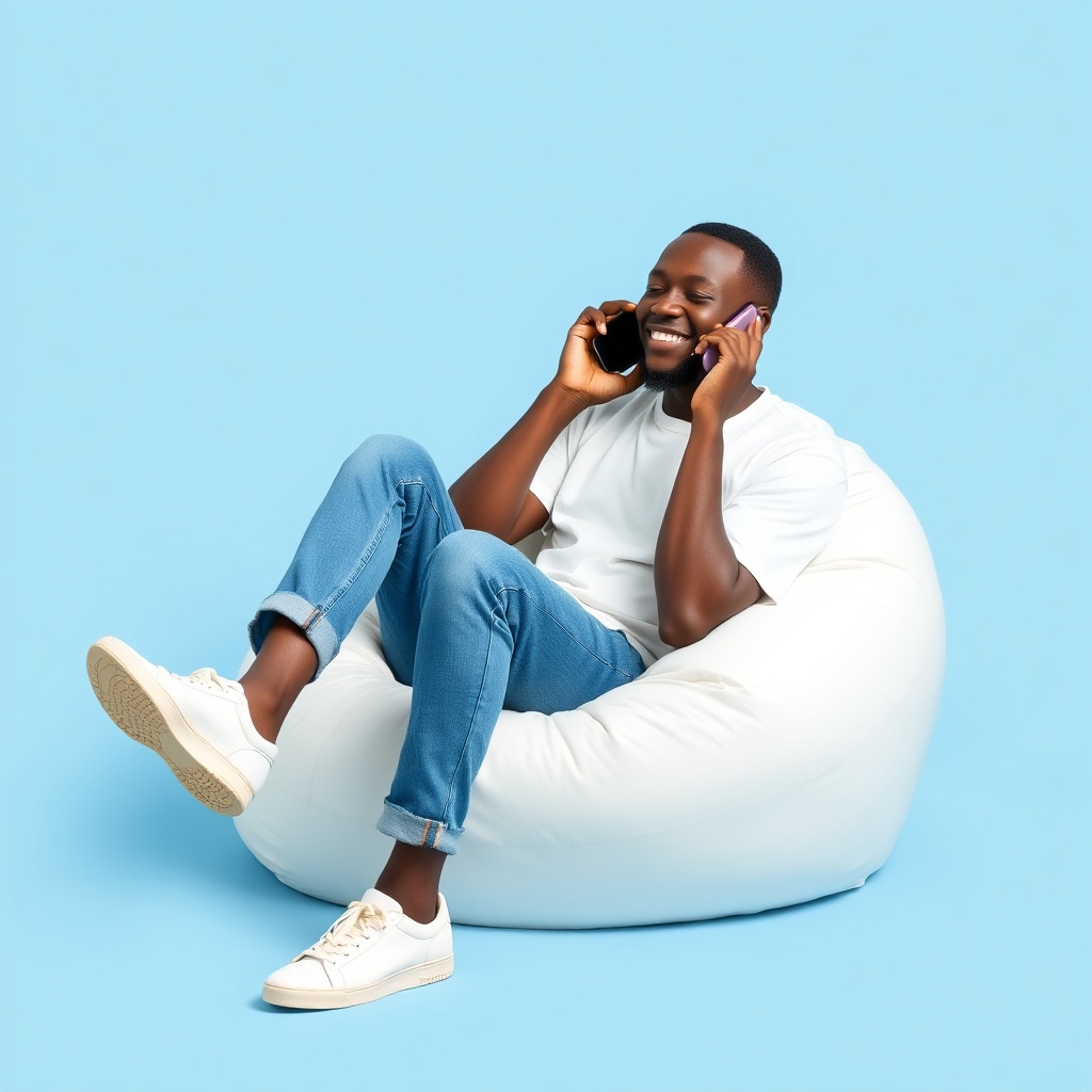 AI generated image by FLUX.1-schnell: An African man, relaxed and smiling, is sitting comfortably on a white bean bag chair. He is making a phone call, holding a smartphone to his ear. He is wearing blue jeans, and his t-shirt and shoes are a bright, white color. The entire background is a solid, light blue color, matching his shirt and shoes.