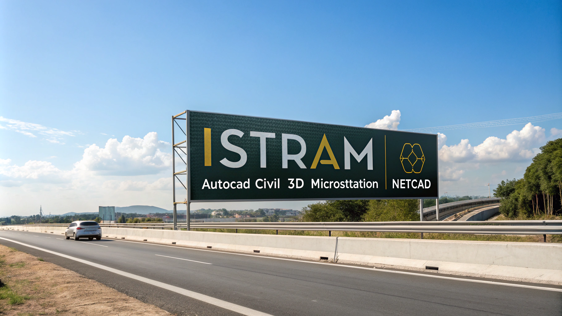 AI generated image by Red Panda AI: A high-definition image of a highway sign with the text "istram" most emphasized font. Below the "istram" text, there are other texts: "Autocad Civil 3D", "Microstation", and "Netcad". The background is a clear blue sky with a few white clouds. The sign is placed on the side of a highway.